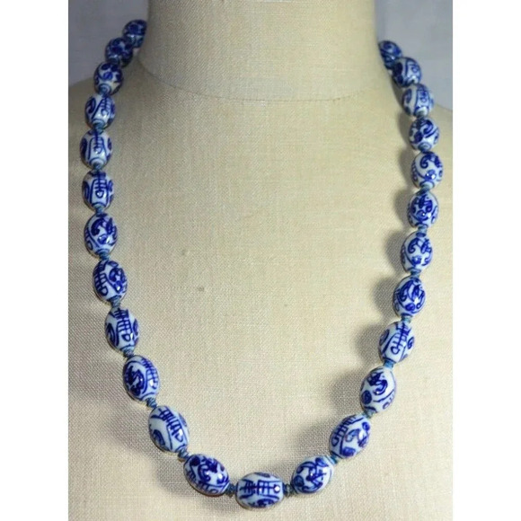 VTG Asian Hand Knotted Blue Hand Painted Porcelain Writing Bead Necklace C - Picture 1 of 5